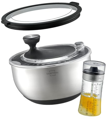 SILBERTHAL Salatschleuder Edelstahl mit Deckel 4,7 L mit Dressingshaker Glas 350ml im Set zum Servieren und Anrichten zu Festen und Partys - Hochwertiges Geschenkset