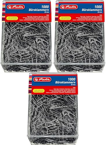 Herlitz 8859100 Büroklammer Brief-, Aktenklammer 32mm verzinkt 1.000er Transparentbox (3000 Stück)