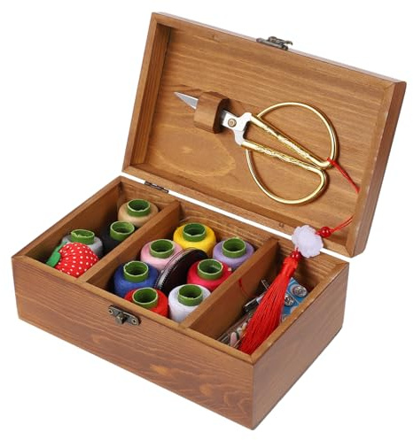 SMASOLO Cucito in Legno Massello Vintage Cofanetto Multiuso per Accessori Cucire Kit Ago Filo e Forbici Scatola Porta Materiale Professionale per Cucito e Ricamo Adatto Uso Domestico e Te