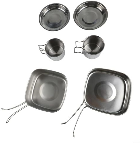 Honseadek Stainless Steel Camping Cookware Set Having 2 Cups 2 Plates 1 Pot Plus 1 Frying Pan for Outdoor Camping Hiking and Picnic Activities