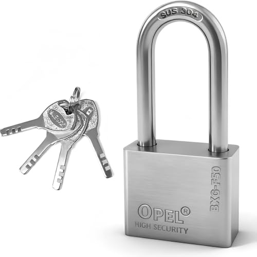 304 Stainless Steel Long Shackle Padlock with 4 Keys, Heavy Duty Waterproof Anti-Rust Weatherproof Lock for Gate, Shed, Garage, Fence, Marine & Indoor Use (50mm)