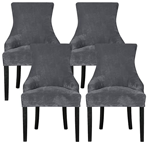 Leorate Velvet Wingback Chair Covers Set of 4 – Stretch Armchair Slipcovers for High Back Dining Chairs with Arms, Soft Dark Gray Fabric, Washable Removable Furniture Protector for Kitchen, Banquet