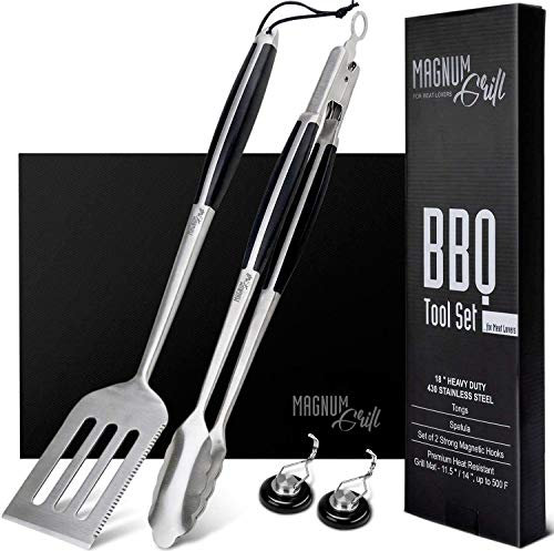 Magnum Grill Grilling Accessories | BBQ Tools Set with 18 Grill Spatula, Tongs, BBQ Grill Mat and 2X Strong Magnetic Hooks for Hanging on Barbeque | Heavy Duty Metal Grill Set
