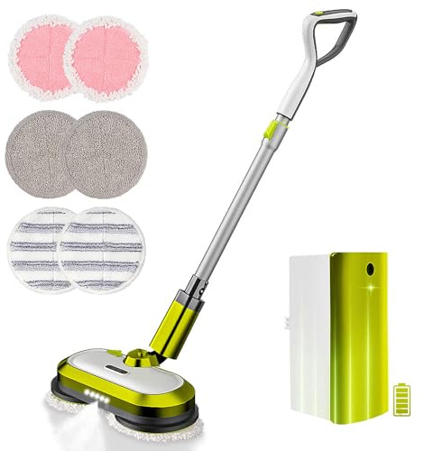 Cordless Electric Mop, Electric Spin Mop with LED Headlight and Water Spray, Up to 60 mins Powerful Floor Cleaner with 300ml Water Tank, Polisher for Hardwood, Tile Floors, Quiet Cleaning & Waxing