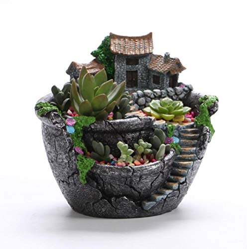 Hidyliu 1 Stück Garten Anzuchttopf Kräutertopf, Sukkulenten-Übertopf, Blume Pflanzer Topf, Neuheit Vintage Bonsai, Hausgarten aus Kunstharz mit Miniatur-Haus, Innen- und