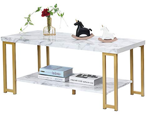 GOPLUS Table Basse à 2 Niveaux avec Pieds en Fer, Table Basse Moderne avec Motifs en Marbre et Coussinets Antidérapants, Table de Rangement Solide, pour Salon, Bureau, 100X50X45CM