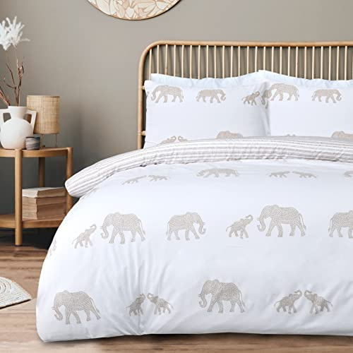 Sleepdown Elephant Seersucker White Natural Reversible Duvet Cover Quilt Pillow Cases Bedding Set Soft Easy Care - Double (200cm x 200cm