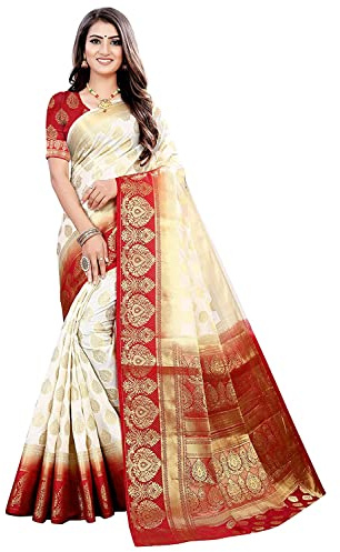 Indian Hawker Sari da donna in seta Banarasi arte indiana con sari di moda a jacquard con camicetta non cucita, bianco sporco, Large