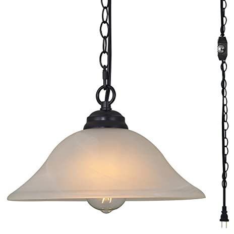 SHENGQINGTOP Traditional Plug in Pendant Light Fixture Alabaster Glass Shade, Black Hanging Lamp with Dimmable Switch,16.4Ft Cord & 14.7Ft Chain for Kitchen Sink Corner Nook