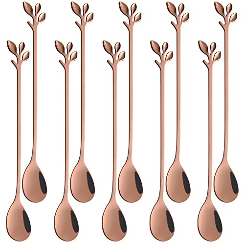 AnSaw Lot de 10 cuillères à café longues avec manche en forme de feuille de 18 cm, en acier inoxydable or rose