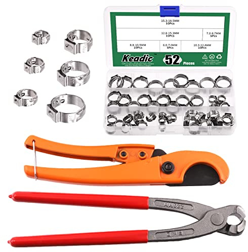 Keadic Lot de 52 colliers de serrage et coupe-tuyau PEX pour tube de 0,3 à 3,2 cm avec colliers de serrage en acier inoxydable 304 de 6 mm à 18,5 mm, outil de fixation PEX pour automobile et moto
