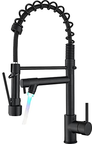 BESy 20 Inch Black Kitchen Faucet with Pull Down Sprayer, Dual Morden Commercial Rv Single Handle Single Hole Double Spout LED Spring Kitchen Sink Faucet with Pot Filler, Matte Black