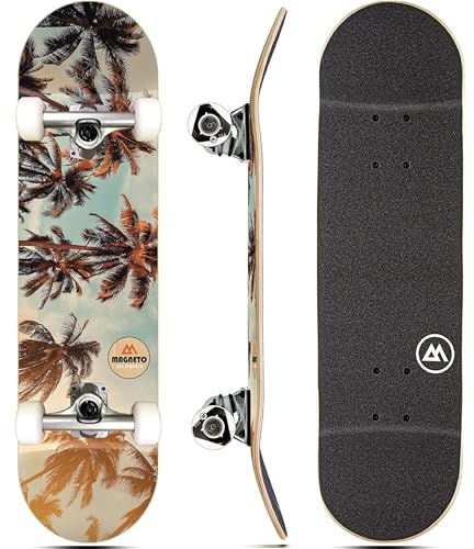 Magneto Skateboard - Beginner Skateboard for Kids - Mini Longboard Shape for Smooth Cruising - 27.5 x 7.75, Palm Trees, 9-Ply Maple