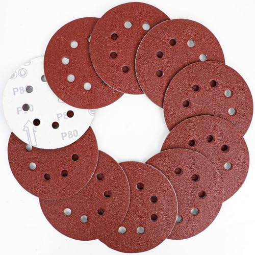 125mm Sanding Discs Pads, AUGOLA 60PCS 80 Grits Sandpaper Sheet | 5 Inch 8 Hole Hook and Loop Sanding Pads for Random Orbital Sander