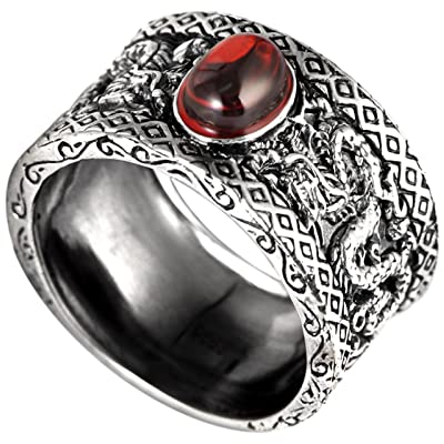 ANAZOZ Ringe Silber 925 Echt Herren, Ringe Herren Gothic Schmuck Vintage Drachenring mit Rotem Stein größe 58