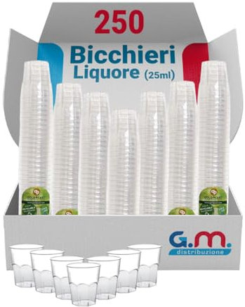 G.M. DISTRIBUZIONE 250 Bicchieri da Liquore, Shot in Plastica Rigida, Bicchierini Ottagonali da 25cc, Resistenti e Riutilizzabili. Bicchieri da Shottino Perfetti per le Feste