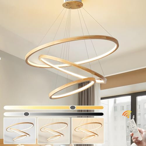 WayLuoung Holz LED Kronleuchter, Deckenleuchte, Dimmbare 3 Ring Holzleuchte, Verstellbare Kreis Pendelleuchte Kücheninsel Esszimmer Wohnzimmer Foyer Zum Aufhängen 【40+60+80cm】