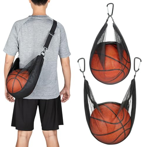 HEDUGO Single Ball Bag with Zipper Pocket Mesh Shoulder Bag with Buckle Clip Sport Equipment Storage Net for Carring Basketball Soccer Volleyball Rugby Also as Swim Beach Bag