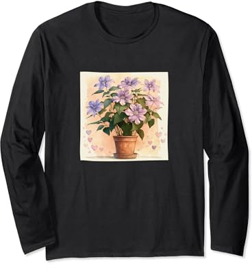 Clematis Plant In Pot Cottagecore Hearts Graphic Long Sleeve T-Shirt