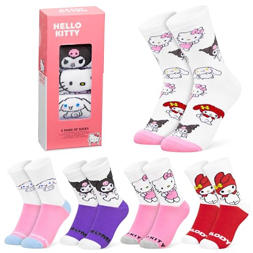 Hello Kitty Sanrio Calzini Donna Colorati EU 35-41, Pacco da 5 Morbido Traspirante Calze, Regalo Donna e Ragazza