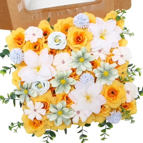 Nubry 64 Pcs Yellow Artificial Flowers,Silk Fake Roses Flowers,Lily Flowers Hydrangea Daisy with Stems for Cake Decoration DIY Wedding Bridal Bouquets Birthday Party Decor Home Decoration