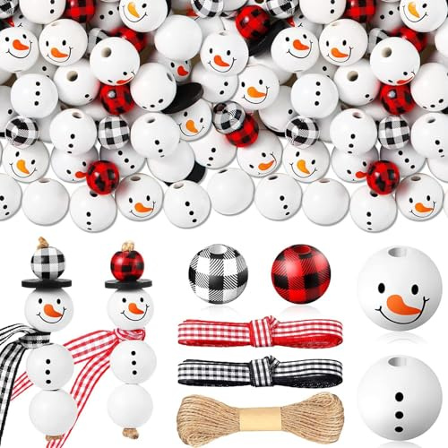 GGXDH 183 Stück Holzperlen Weihnachten mit Loch, Holz Weihnachtsperlen Holzkugeln Set zum Basteln, Weihnachten Schneemann Perlen zum Auffädeln Girlanden Party Dekor DIY Armbänder Weihnachtsdeko