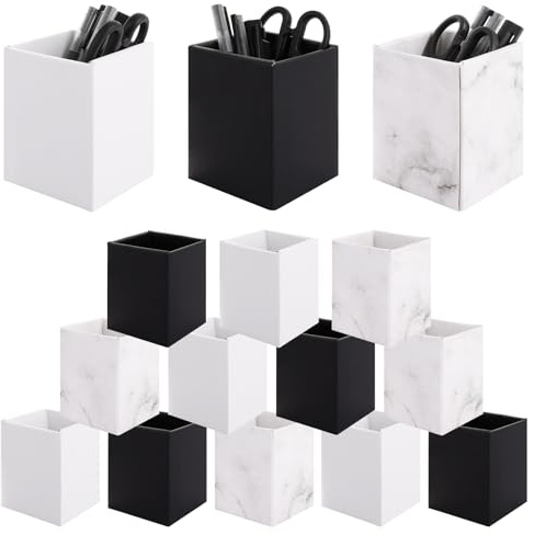 ZOFUN 15 Pcs Pen Holders, 10.5 x 8 cm Square Pencil Pots, White/Black/Marble Pen Pot for Desk, Paper Pencil Holder for Desktop, Office, Shcool Stationery Storage