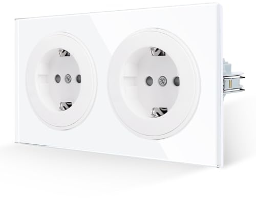 JIMEIDA Doppelsteckdose Glas Weiß Mit Haken 16 Amp Schuko Steckdose Gehärteter Glasscheibe Schutzkontakt Wandsteckdose 157 * 86mm 250V