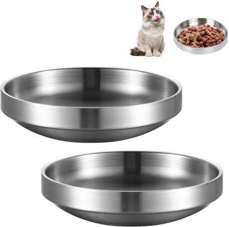 2 Stücke Katzennapf Flach Edelstahl,Futternapf Katze Edelstahl,Katzennäpfe Metall 304,Katzenfutternapf und Katzenwassernapf,Fressnapf Katze Sturzsicher,Leicht zu Reinigen