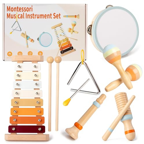 PRZRAO Musikinstrumente für Babys, Schlaginstrumentenset aus Holz, Xylophone für Toddler, Musikinstrumente für Kinder ab 1 Jahr, Instrumente Kinder, Holz Montessori-Musikspielzeug für Babys