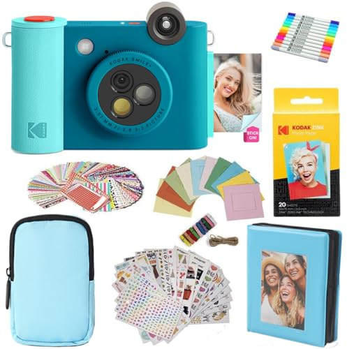 KODAK Smile+ - Paquete de Regalo de cámara instantánea Digital e Impresora fotográfica 2 en 1, Funda + Papel Zink + álbum + Marcos + calcomanías + marcadores, Color Azul