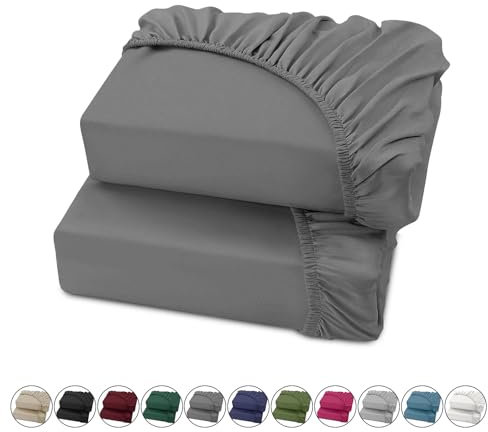 Hafaa Double Fitted Sheet Grey (2-pack) 100% Organic Cotton Jersey Bed Sheets 25 Cm Extra Deep Pocket Fitted sheets-Soft Breathable and Fade Resistance 137x190cm