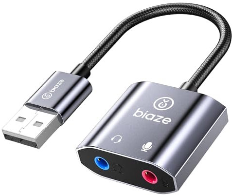 biaze USB Sound Card, USB to 3.5mm Jack Adapter Dual Aux Stereo Headphone Microphone, External Sound Card for Windows Mac Linux PS4 PS5 SWITCH (Y65)