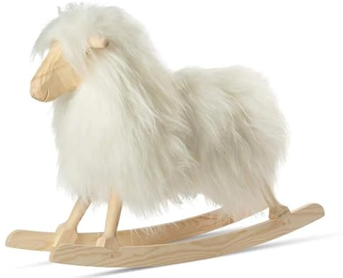 Rocking Sheep Schaukelschaf - Langhaar | Handgefertigt in Dänemark | Größe: 85x25x60cm | Mit echtem Schaffell bedeckt | FSC-zertifiziertes Holz | Dänischer Designklassiker | Farbe: Off White