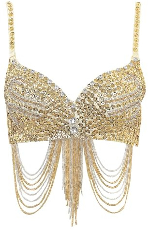 Paillettes Soutien-Gorge pour Femme Haut de danse du ventre for femmes, corset brillant, haut court, franges, strass, paillettes, soutien-gorge club, bretelles spaghetti, armatures, push-up, bustier(G