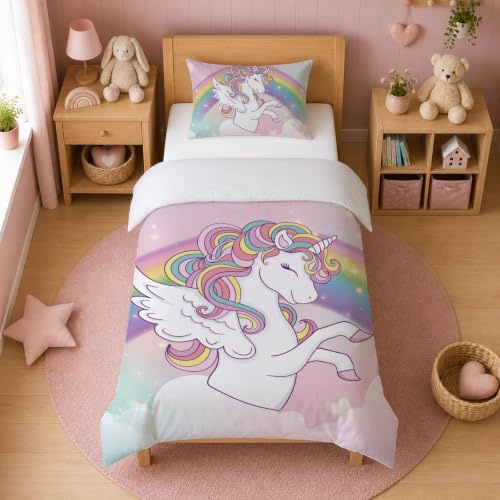 Caregchrisj Kinderbettwäsche 100x135 Mikrofaser Bettwäsche Kinder Mädchen Rose Einhorn Muster Bettbezug und Kissenbezug 40x60 mit Reißverschluss