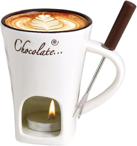 Schokoladenfondue-Set, Fondue-Tasse mit Gabeln, 200 ml, heiße Schokolade mit Kerzenhalter, Tasse, Keramik, Schmelzbecher, Geschenk, Käse, Mini-Wärmer Set für Büro, Schule, Zuhause (weiß)