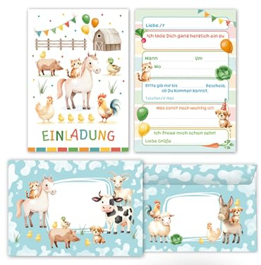 Junaversum 12 Einladungskarten inkl. 12 Umschläge zum Kindergeburtstag Bauernhof Kinder Jungen Mädchen coole bunte Einladungen Geburtstag Geburtstagseinladungen Kids