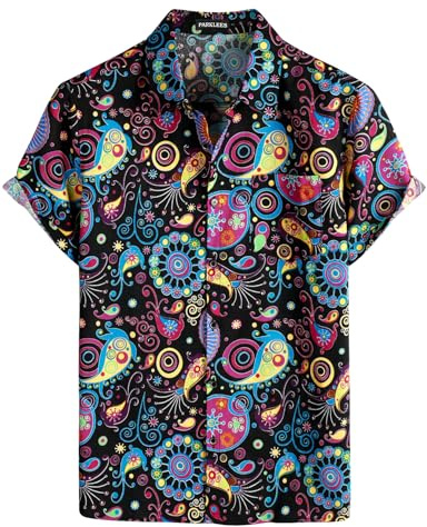PARKLEES Men's Linen 70s Hippie Style Floral Print Shirt Short Sleeve Button Down Hawaiian Shirts Multicolor XXX-Large