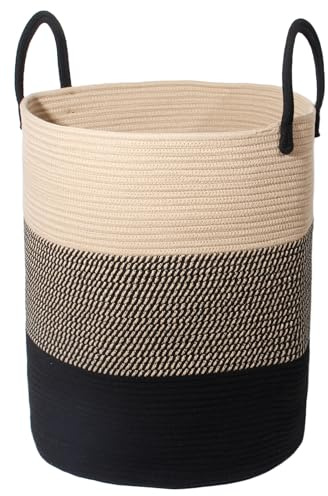 SYLANDO Wäschekorb mit Henkel, Spielzeug Aufbewahrung, Aufbewahrungsbox Geflochten, Wäschesammler Groß, Aufbewahrungskorb Kinderzimmer (Mehrfarbig, D 38 x H 50 cm)