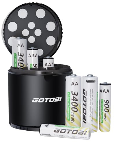 GOTOBI AA/AAA Batteries Rechargeable with Charger, 8 PCS 3400 mWh USB-C Rechargeable AA Batteries,4 PCS 900 mWh 1.5V Constant Output AA Lithium Batteries with Fast Charging Case
