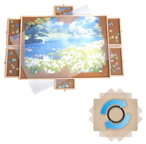 FlinQ Plateau Puzzle Bois 76x56 cm – Table à Puzzle 1000 Pièces avec 6 Tiroirs et Bacs de Tri – Planche à Puzzle avec Couvercle – Portapuzzle & Rangement Puzzle