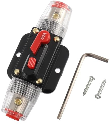 BOJACK 50A Audio Inline-Leistungsschalter-Reset-Sicherungshalter | 12V-24V-DC-Reset-Sicherungshalter mit manuellem Reset 3-15AWG Überlastschutz für den Schutz von Kfz-Marineboot-Audiosysteme