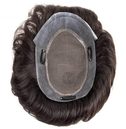 Herren-Perücke Toupet aus Echthaar for Herren, französische Spitze, mit PU-Umrandung, Haarersatz, Clip in männlichen Haarteilen Toupet für Männer(1B#,8x10)