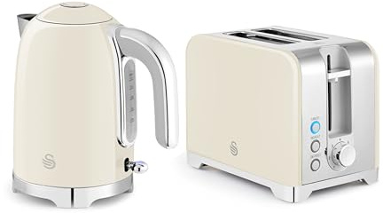 Swan Solace Kitchen Set, 1.7L Kettle, 930W 2 Slice Toaster, SK19026CRM + ST19031CRM, Cream with Chrome Trim