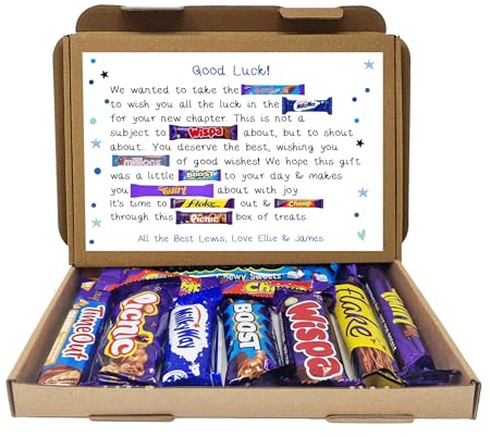 Personalised Good Luck New Job Sorry your leaving Treat Box Letterbox Gift Hug in a Box Hamper Chocolate Poem Unique - Blue - From We/Us