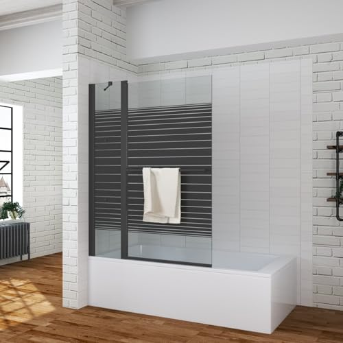 Duschwand für Badewanne 110x140 cm 2 Teilig faltbar schwarz Badewannenaufsatz Dusche Glas Badewannenfaltwand mit Handtuchhalter Duschablage Eckregale 5 mm Sicherheitsglas klar ESG NANO Beschichtung