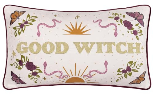 furn. Good Witch Copricuscino (Bianco - 30x50cm) | Reversibile Halloween Ricamato Velluto Filo Metallico Custodia Decorativa