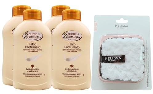 SET: Talco Profumato, Pelle Morbida e Vellutata, 100% Origine Naturale, Senza Conservanti 200g + Spugna Per Il Viso (4 Barattoli+Spugna)
