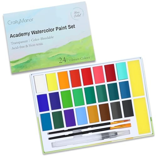 24 Colors Large Block Watercolour Paint Set for Watercolors Workbook, Portable WaterColors Paint Kit with 2 Paintbrushes 1 Waterbrush, for Adult Painting Beginners & Professional Amateur Hobbyist
